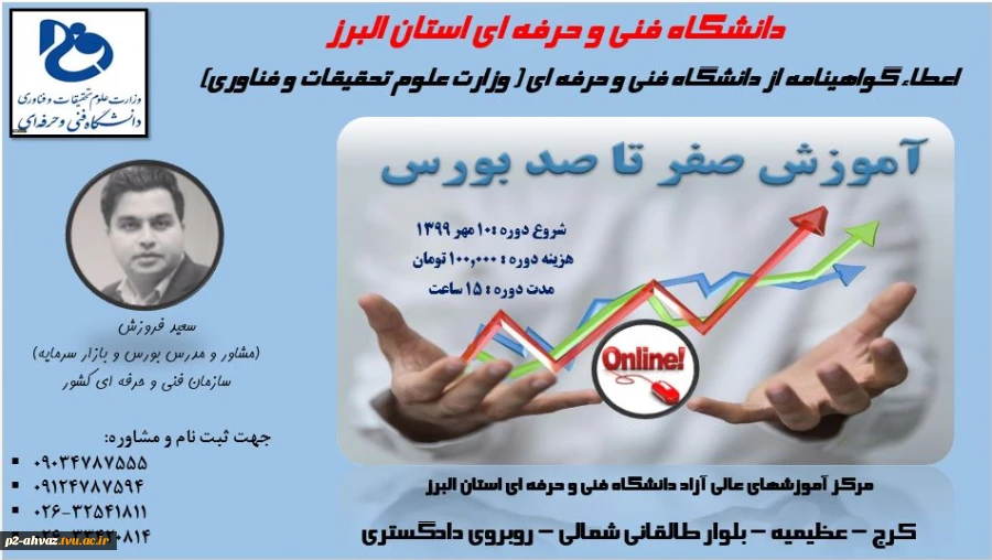 پوستر دوره های آموزش عالی آزاد:آموزش آنلاین حسابداری ویژه بازارکار+آموزش آنلاین بورس+آموزش آنلاین نرم افزار هلو+آموزش آنلاین نرم افزار سپیدار سیستم+آموزش آنلاین مدیریت کسب و کار-دانشگاه فنی و حرفه ای استان البرز 2